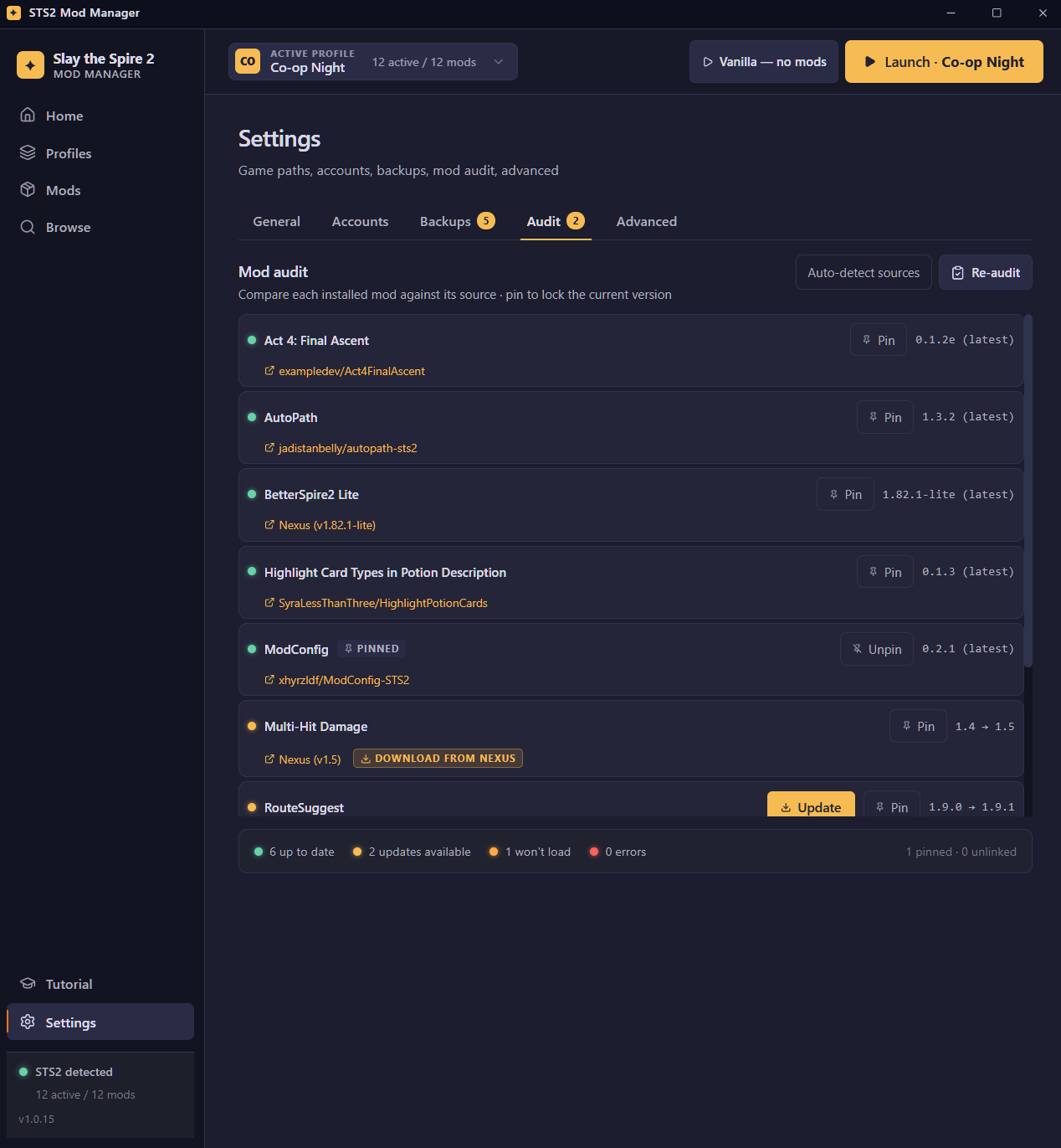 Audit view — color-coded mod status with update/pin/repair actions per row