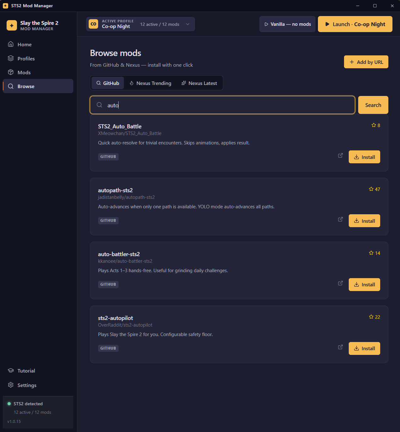 Browse Mods view — search GitHub and Nexus from inside the app