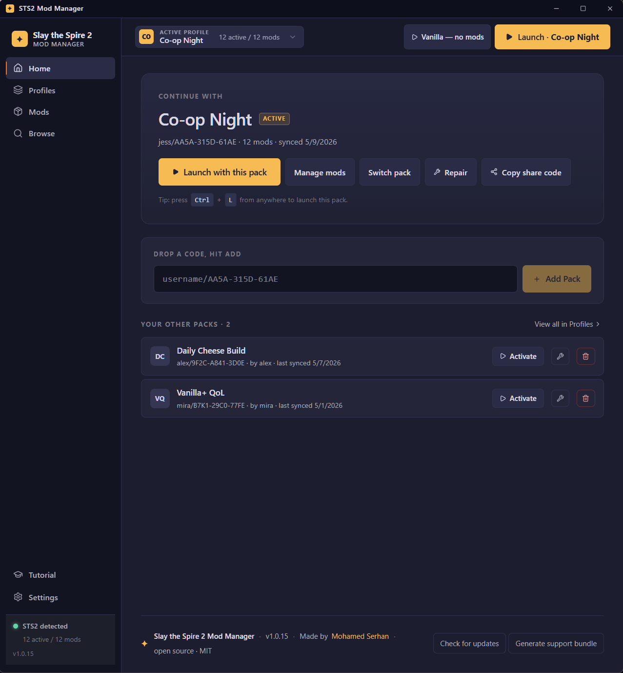 STS2 Mod Manager Home view — active profile hero with Launch and share-code Quick Add