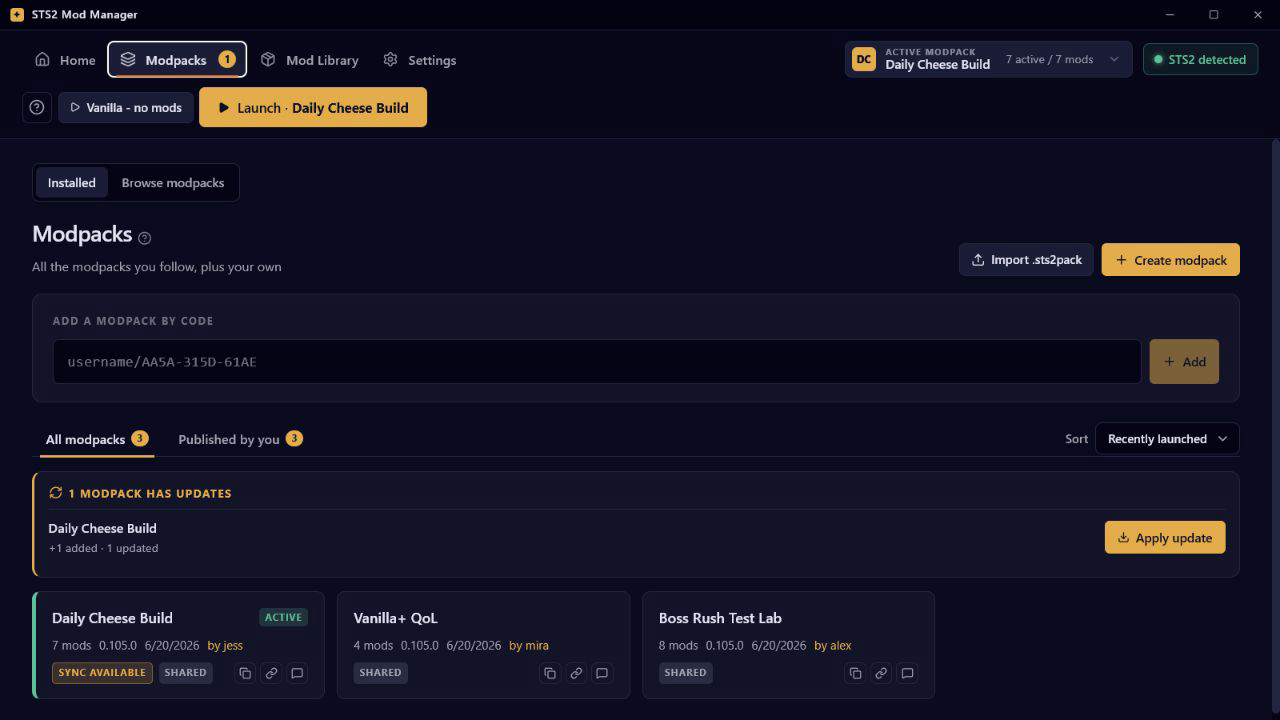 Modpacks view with fake share code input, update state, and sample modpack cards