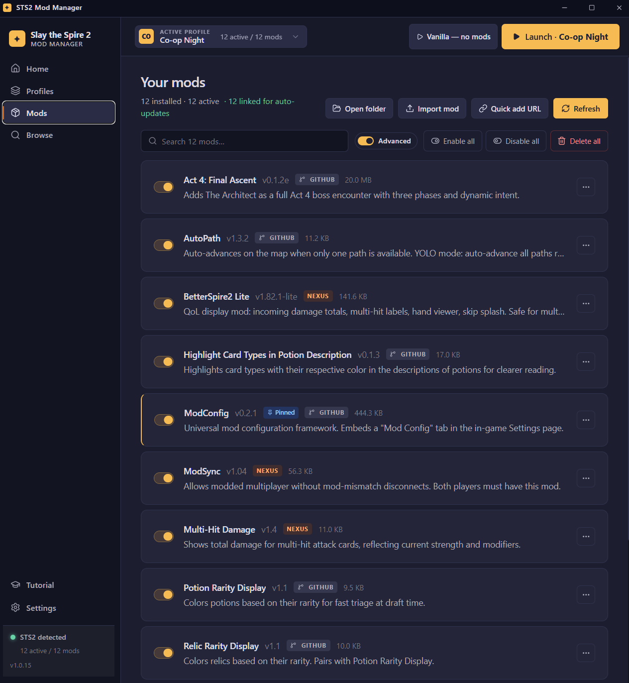 Mods view — toggleable mod list with version pills and advanced kebab