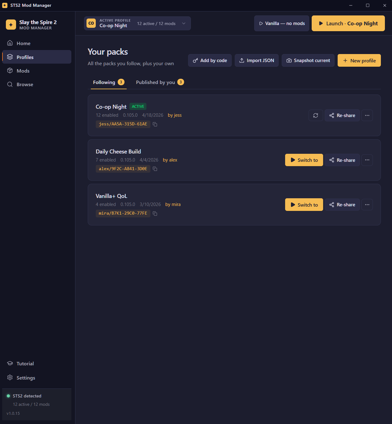 Profiles view — modpack share codes, drift status, and management